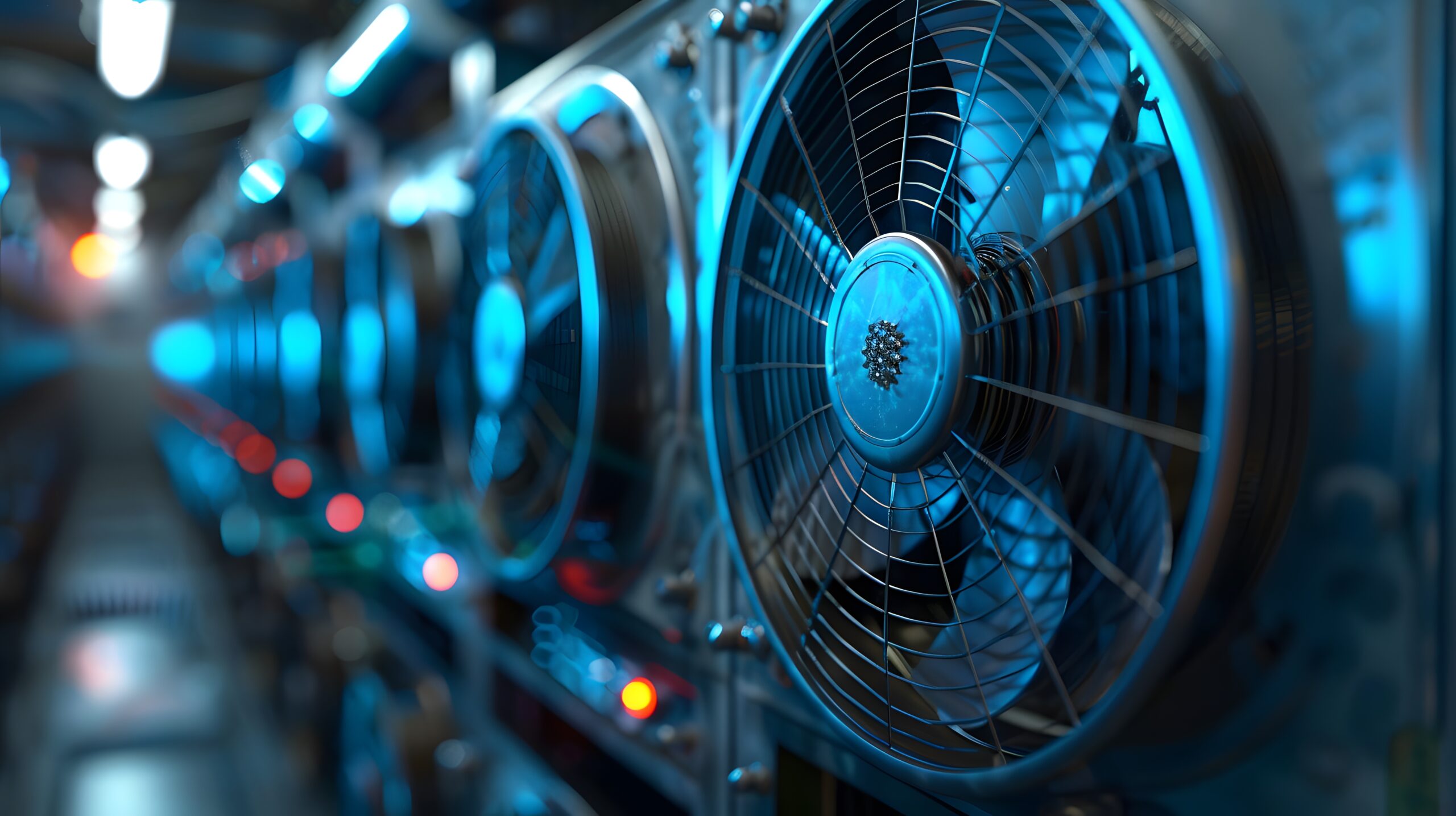 Closeup of fans in an interior data center, symbolizing the cool air flow. precise temperature control and energy efficiency in a high-tech environment